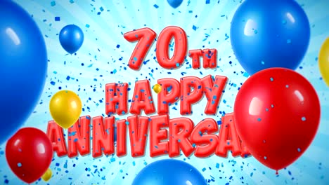 70th happy anniversary red text appears on confetti popper explosions falling and glitter particles, colorful flying balloons seamless loop animation for wishes greeting, party, invitation, card.