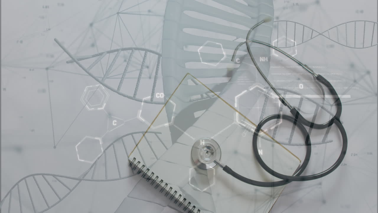 Animatie van chemische structuren en DNA-strengen over een notitieboek en een stethoscoop