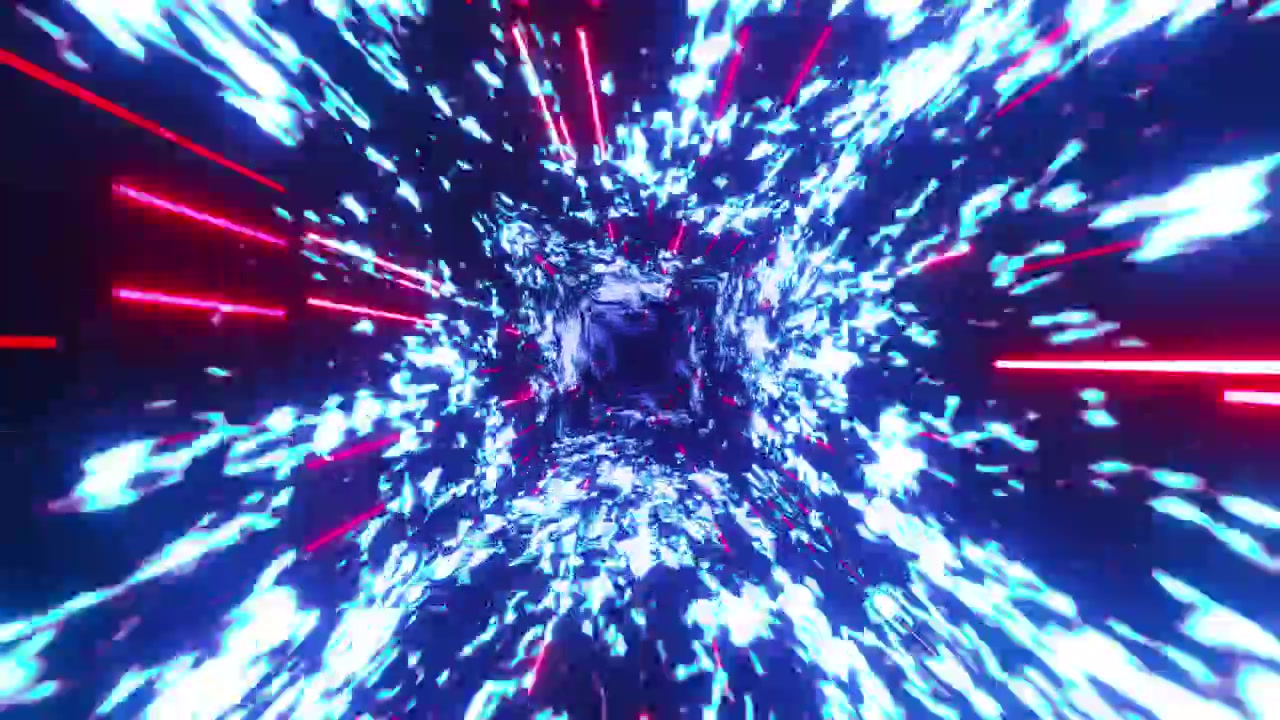 Fast abstract loop flying through a cosmic digital space tunnel with glowing blue energy and red streaks. 3D rendering