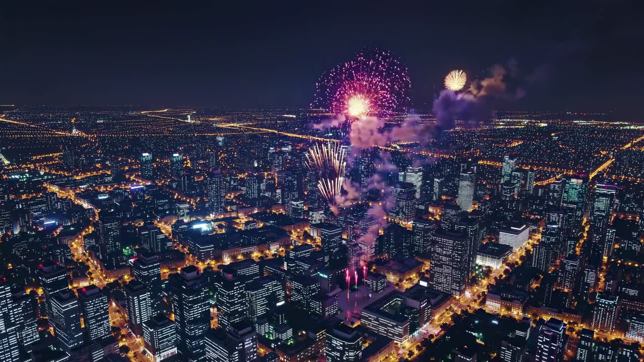Colorful fireworks bursting over a brightly illuminated cityscape at night, creating a lively and festive atmosphere filled with excitement and celebration