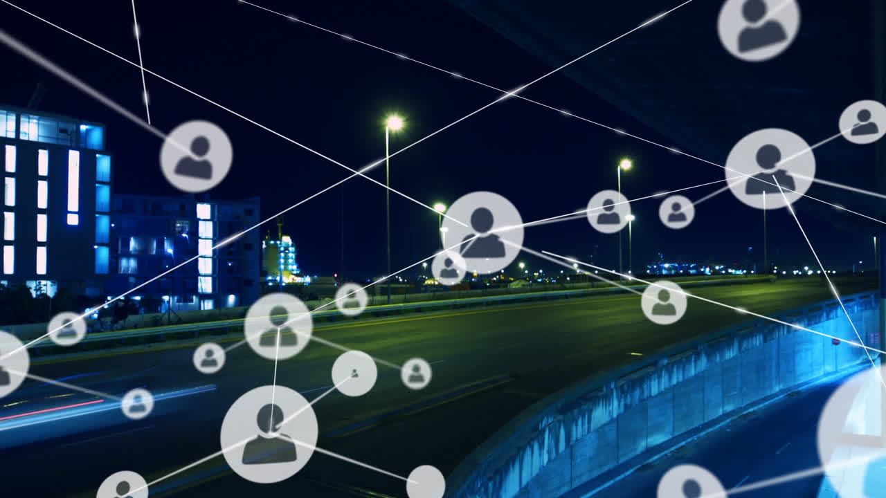 도시 풍경 위의 아이콘으로 연결된 네트워크의 애니메이션