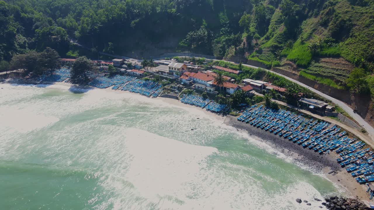 Drone footage of Fishermen's Terminal at Menganti Beach, indonesia