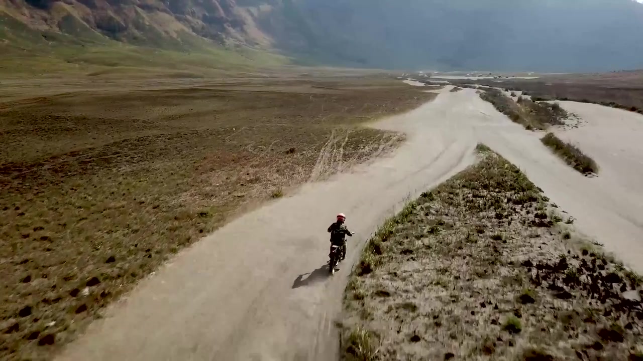 Drone shot of a cross bike around Bromo Volcano in Indonesia