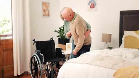 senior couple, support and wheelchair by bed