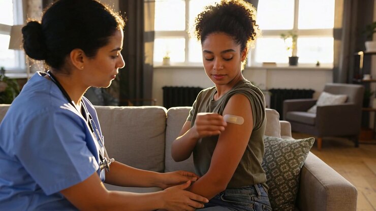 Applying clinician in scrubs smoothing bandage on patient upper arm post-jab on sofa, stethoscope