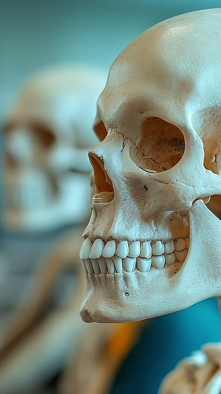 Classroom skeletal model showcased. A detailed skeletal model is positioned prominently in a classroom, showcasing human anatomy for educational purposes.