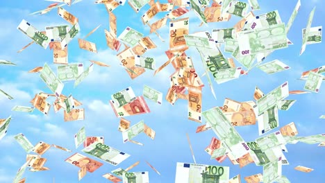 euro banknotes falling down with the blue sky as a background