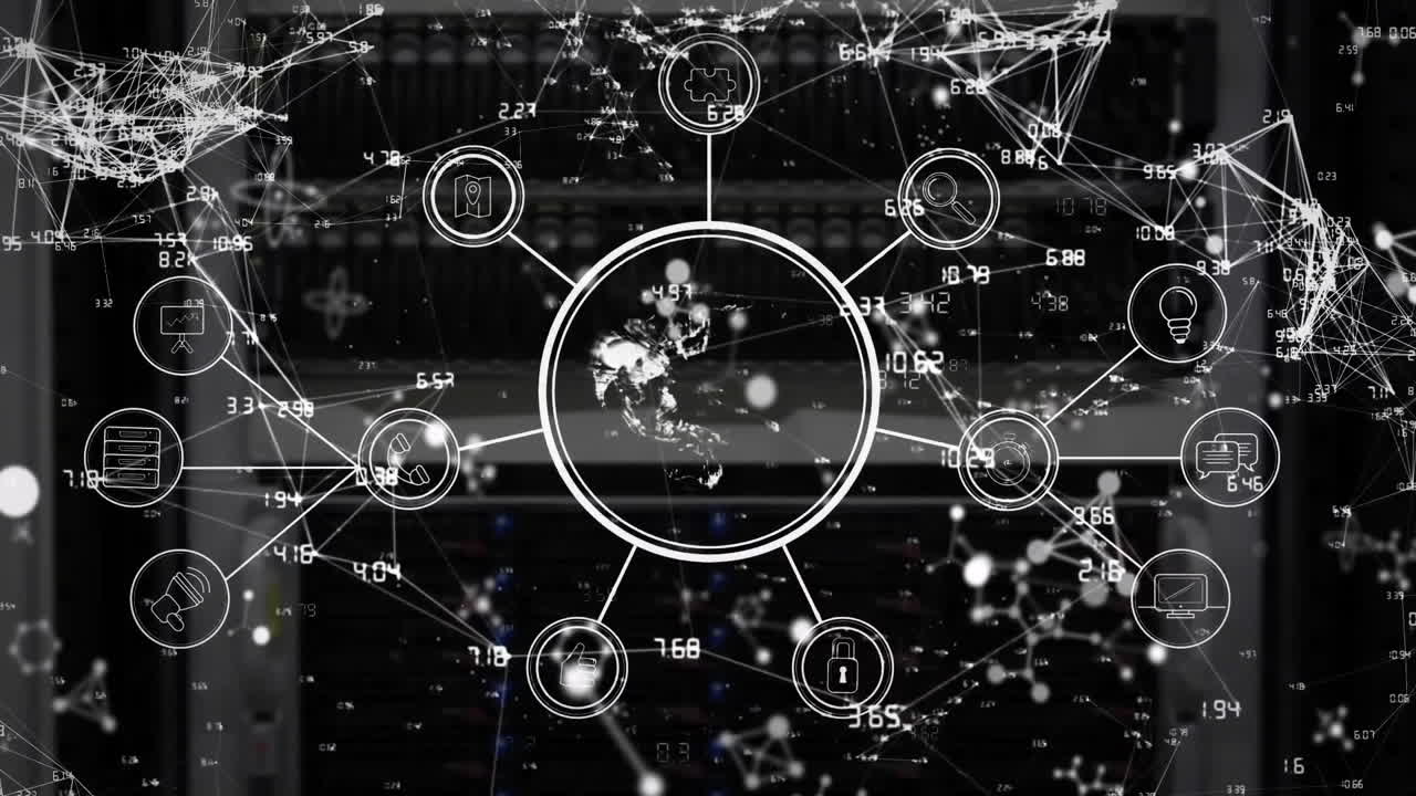 데이터 처리 및 서버 을 통해 글로브 및 아이콘을 가진 연결 네트워크의 애니메이션