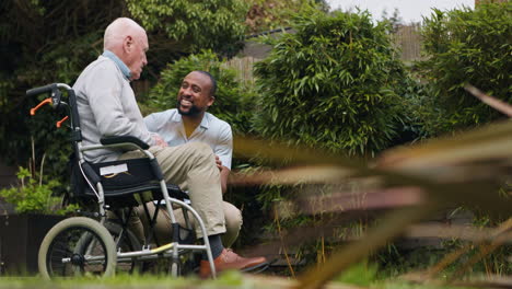 elderly man in wheelchair with caregiver in garden