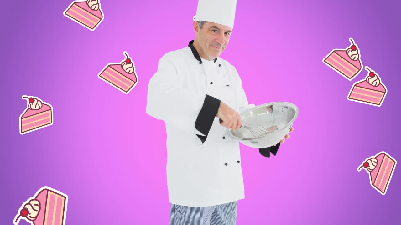 Animazione di uno chef uomo caucasico sopra icone di torte su sfondo viola