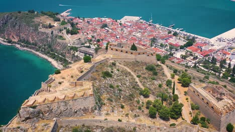 Nafplio-city-and-Palamidi-fortress-filmed-from-drone,-nice-view-of-mountain-and-sea