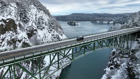 orbiting view of a lone suv passing over a bridge with snow covering the surrounding land