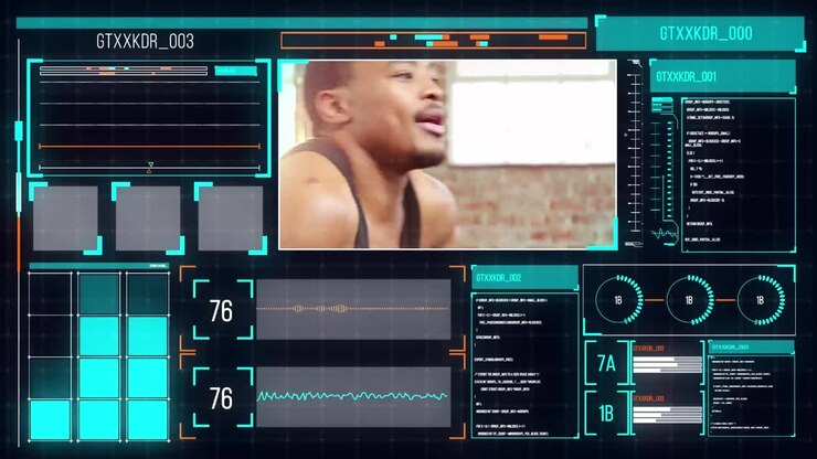 Animation of data processing on screens over african american man exercising