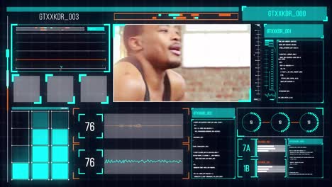 Animación-Del-Procesamiento-De-Datos-En-Pantallas-Sobre-Un-Hombre-Afroamericano-Haciendo-Ejercicio