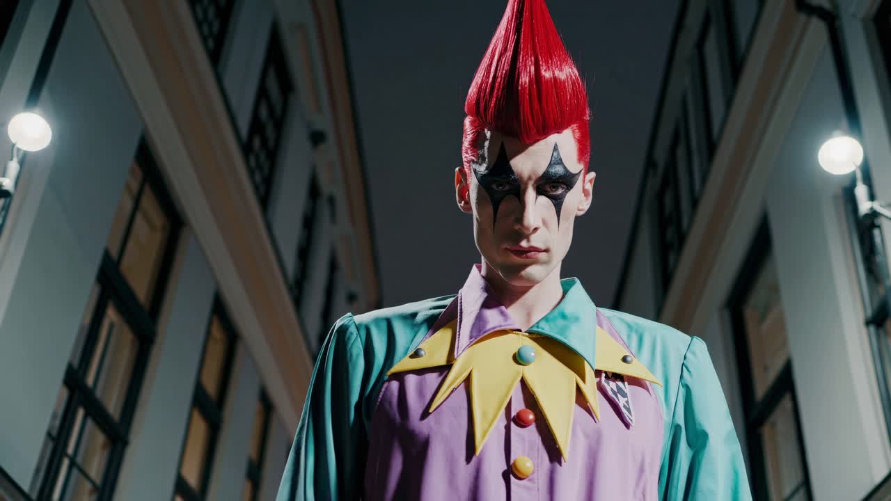 un hombre con disfraz de payaso por la noche