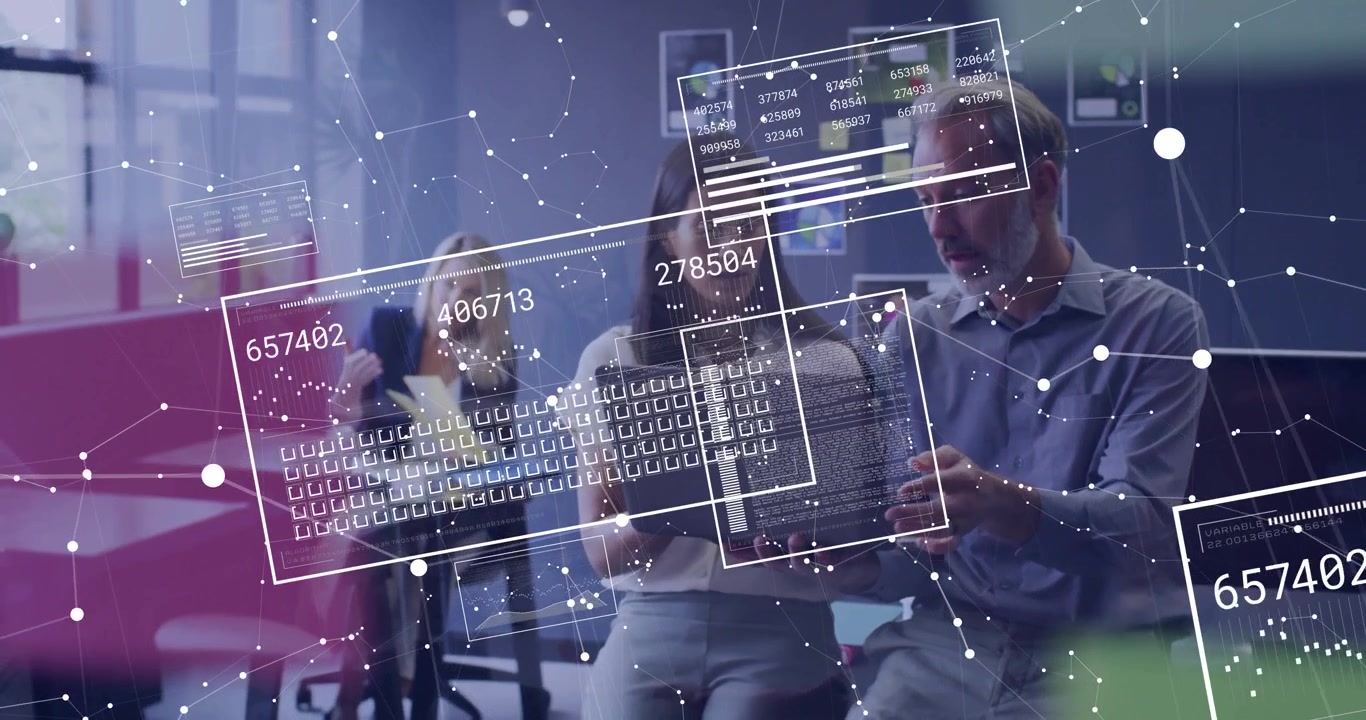 Colleagues scrolling laptop initiating digital overlay showing data panels for technology insights
