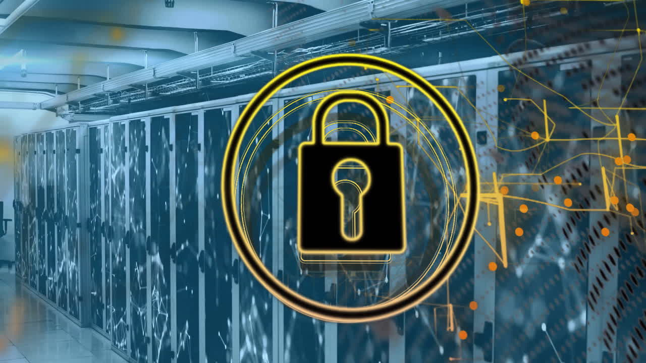 Animation of shapes and padlock over server room