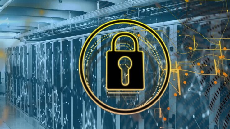 Animation of shapes and padlock over server room
