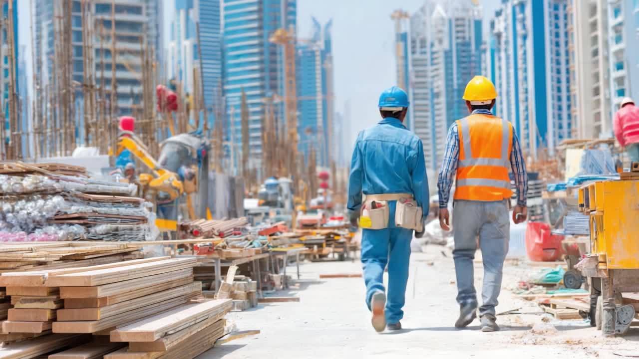 Construction Workers Moving Through a Busy Urban Construction Site Surrounded by Tall Buildings and Ongoing Development Activities in a Vibrant City Environment