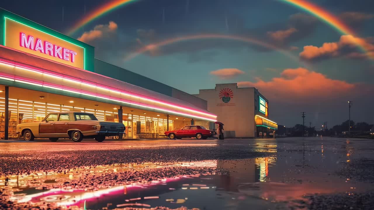 Video dal basso di un mercato retrò con luci al neon e un doppio arcobaleno al tramonto