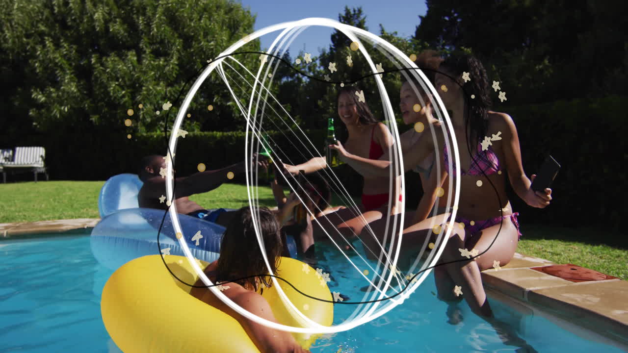 People enjoying pool party with drinks, overlaid with abstract circular animation
