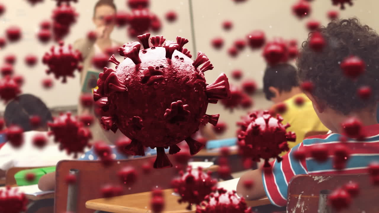 Animation of coronavirus cells over schoolchildren learning