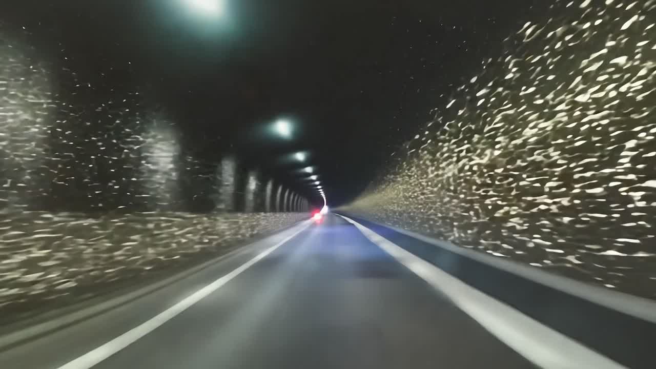 차가 밤에 어두운 터널을 지나가면서 부드럽게 눈이 내리면서 평온한 겨울 분위기가 만들어집니다.