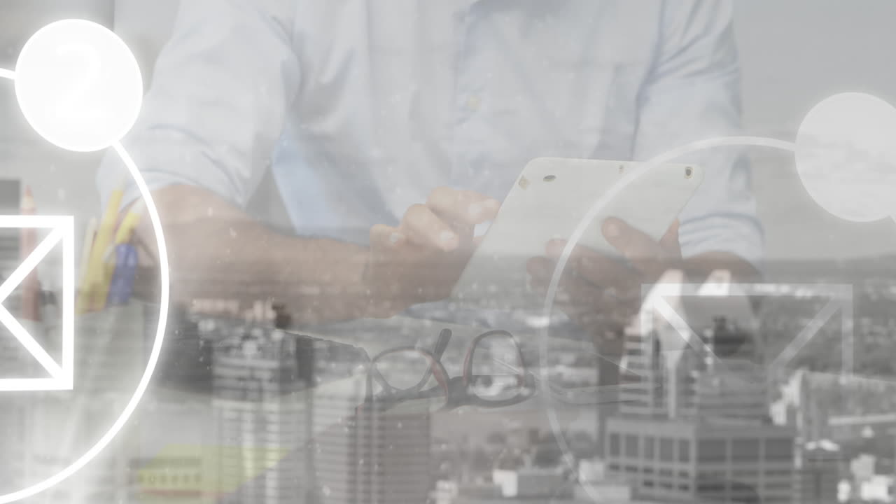 都市景観のアニメーション コーカシアのビジネスマンが職に就いている