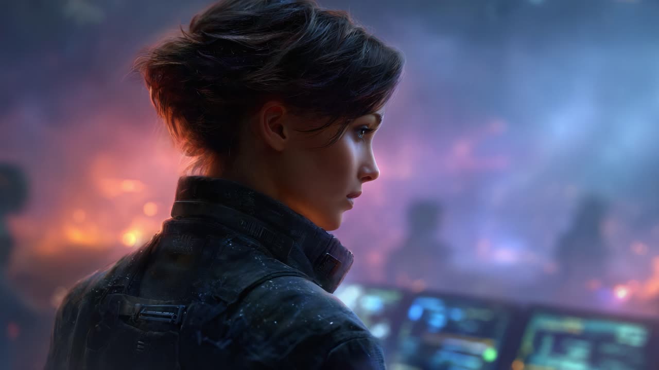 A contemplative figure gazes into a vibrant, chaotic scene filled with glowing lights and shadows, hinting at an unseen story behind the tumultuous backdrop