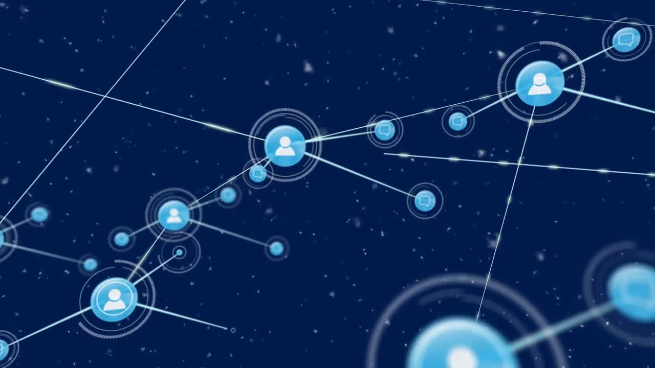 검은색 배경에 아이콘을 가진 연결 네트워크의 애니메이션