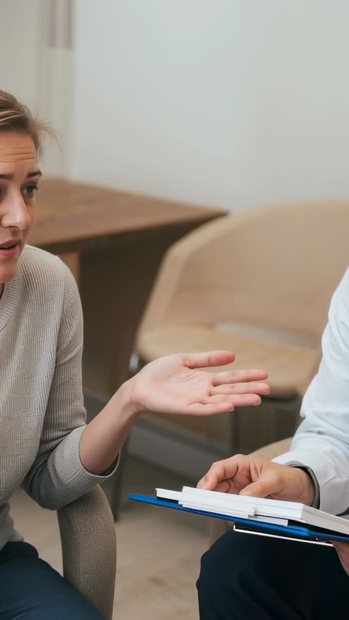 Vertical video: Raising right hand client sharing concern at office, man noting on blue clipboard