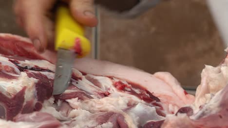 butcher cuts giant piece of raw meat with sharp knife, right pan, closeup