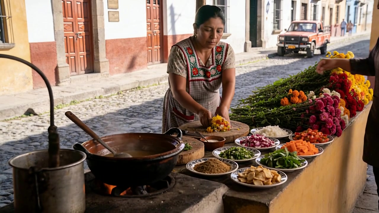 Vendedor(a) de blusa e avental arrumando calêndulas em uma barraca, enquanto um comprador se aproxima e ele(a) cuida de um vaso.