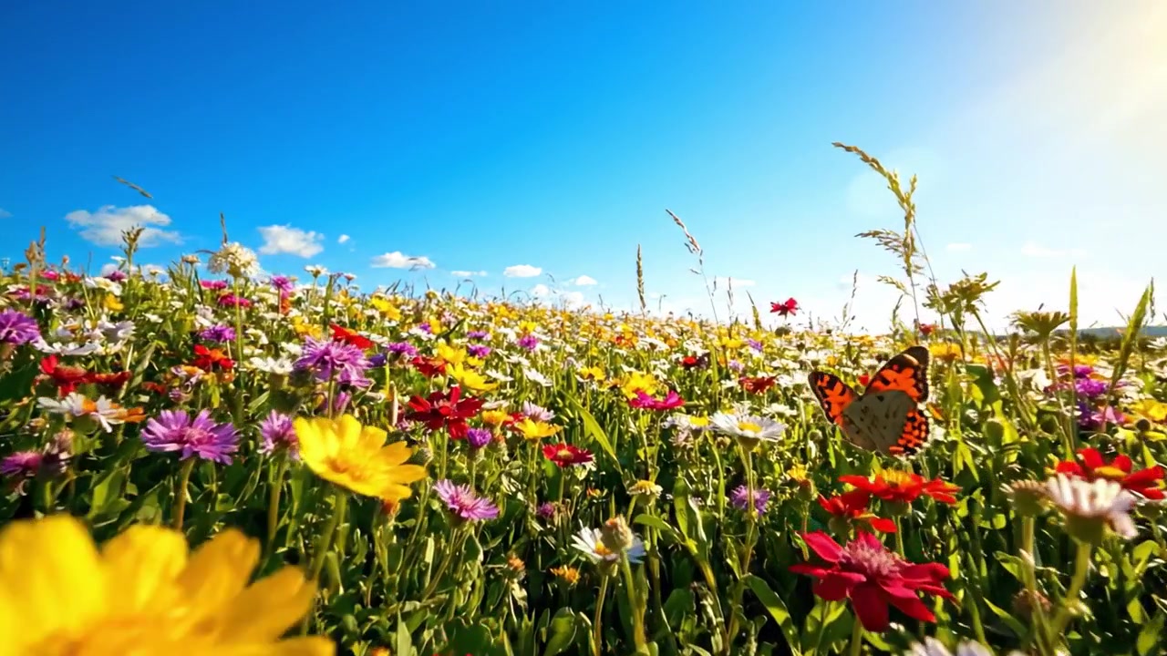 Un campo vibrante di fiori selvatici sotto un cielo azzurro limpido: lo spettacolo colorato della natura in pieno splendore, con la luce del sole che illumina il paesaggio rigoglioso.