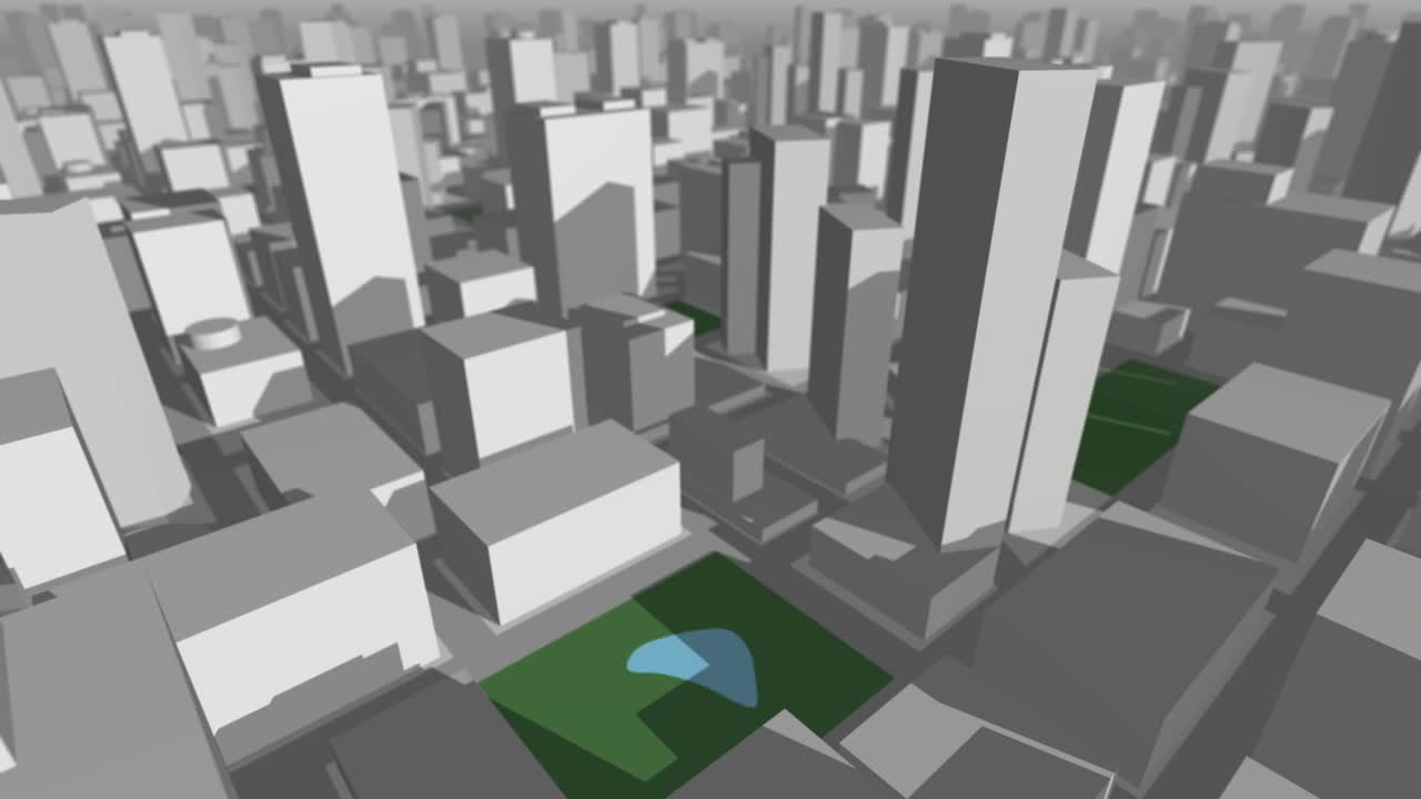 3d 도시 지도가 날아다니며 뒤를 바라보고 있습니다.