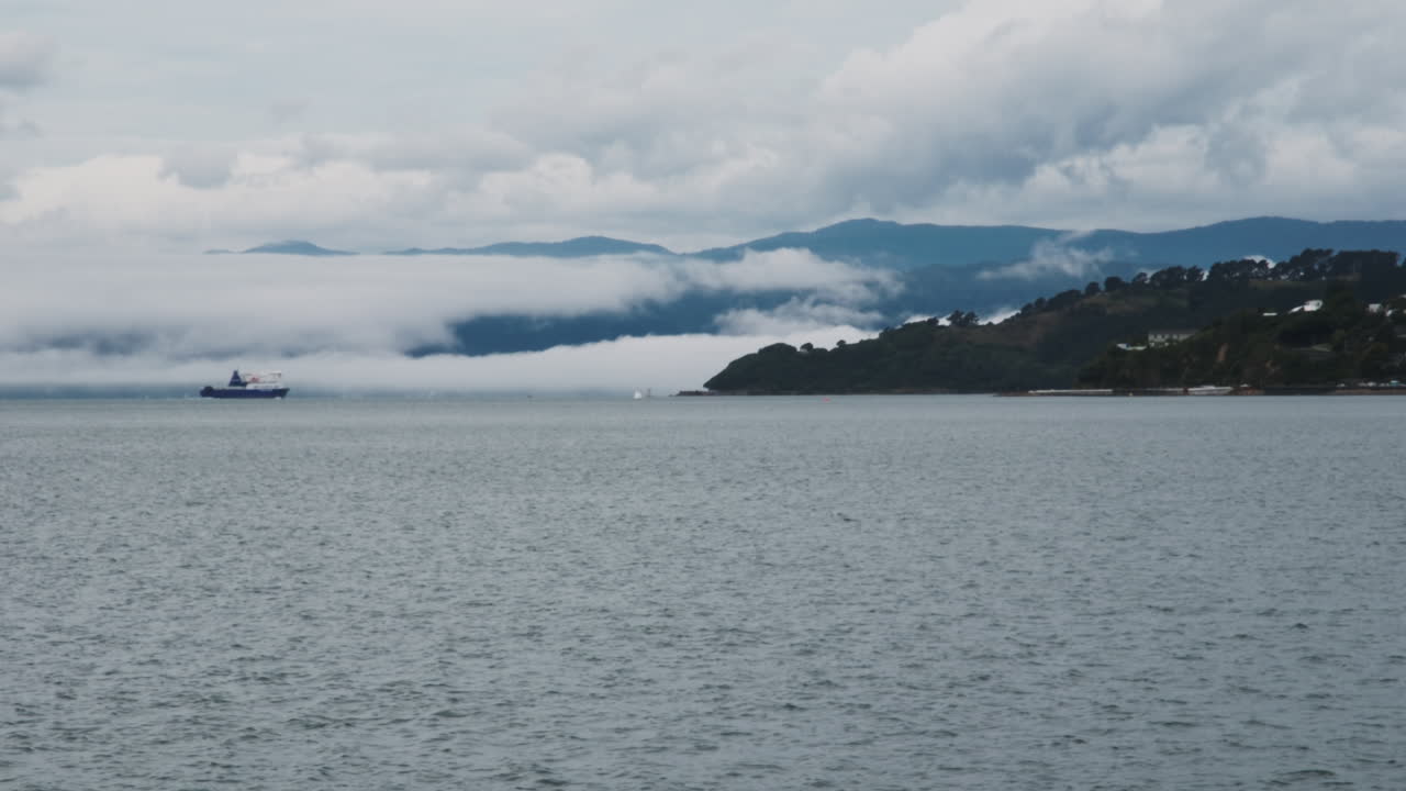 뉴질랜드 웰링턴 만 의 웅장 한 산 들 을 안개 가 감싸고 있다
