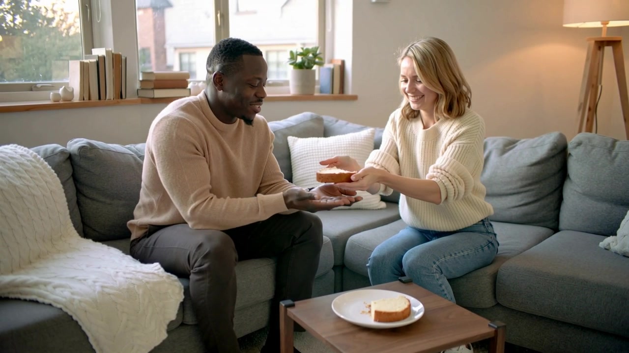 Lifting cake layer, woman handing man cake slice on couch near coffee table to share dessert