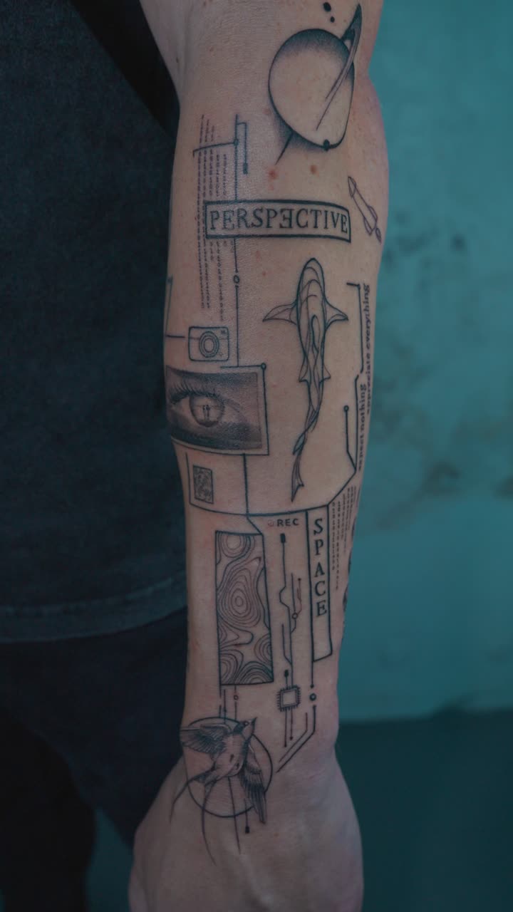 Vertical - fresh, illustrative style arm tattoo - eye, perspective, space, lines