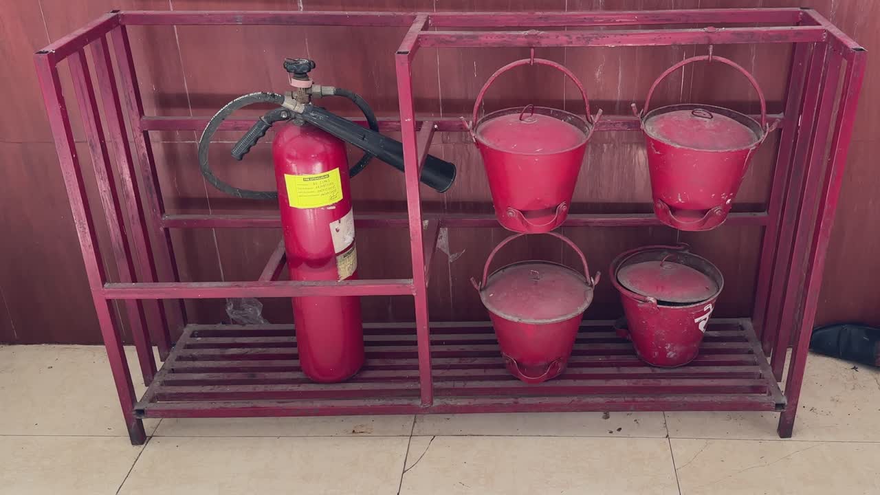 Closeup shot of fire safety equipment installed at the corner of the hall