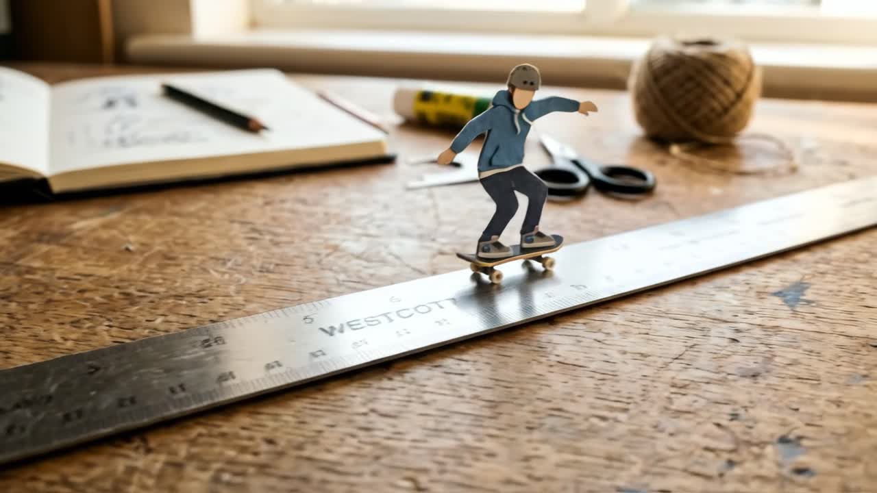 Stop-motion-animation af en papirudklips-skateboarder på en lineal