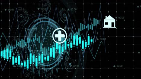 Animation-Von-Datenschutz-Und-Fingerabdruck-Im-Kreis-über-Diagramm-Auf-Schwarzem-Hintergrund