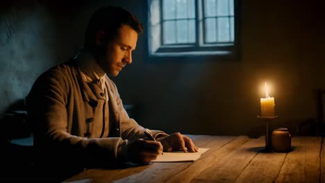 un hombre escribiendo una carta en una habitación histórica