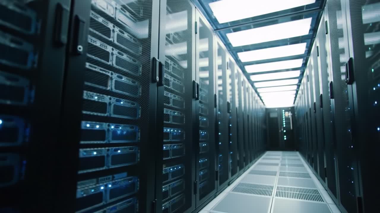 Explore the modern data center filled with rows of servers, illuminated by soft blue lights that highlight cutting-edge technology. This location emphasizes design and efficiency in data management.