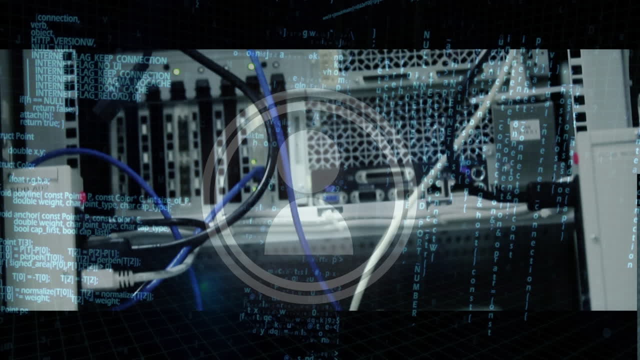 Animation of icons and data processing over caucasian businessman in server room