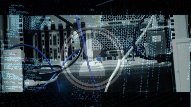 Animation of icons and data processing over caucasian businessman in server room