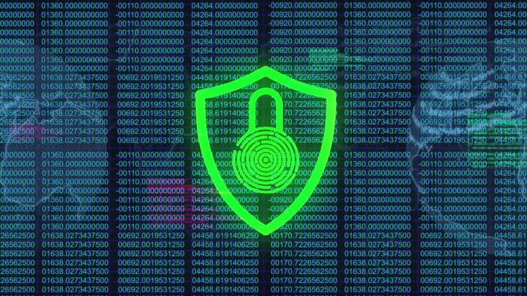 Animation of padlock data processing and network of connections over dark background
