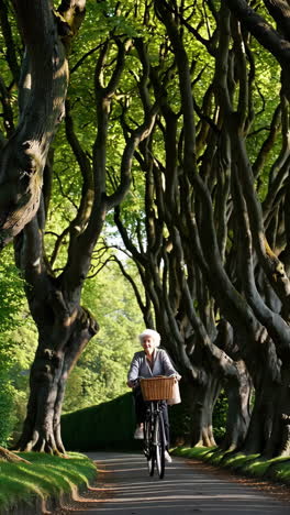 senior woman cycling through a majestic tree tunnel