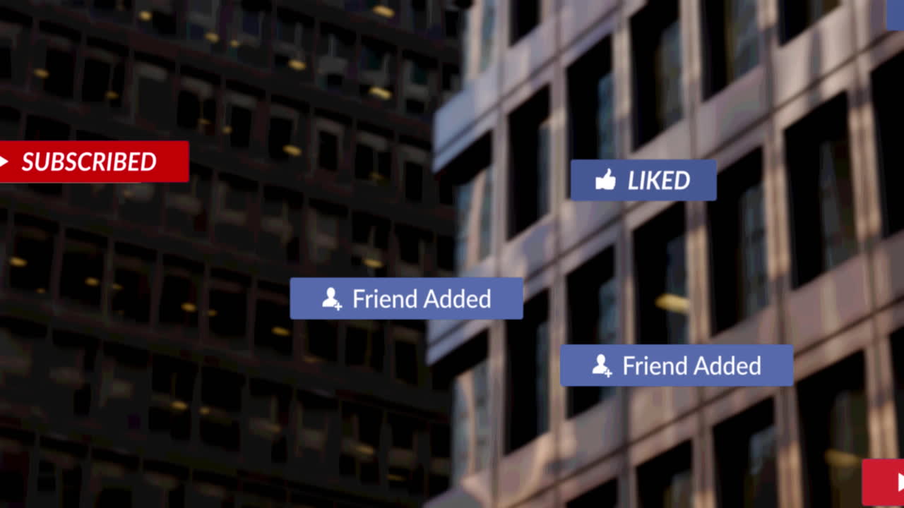 animación del texto de las redes sociales en pancartas sobre edificios modernos