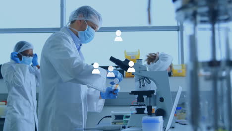 male scientist pipetting sample vial in biomedical laboratory, with animated data charts hovering
