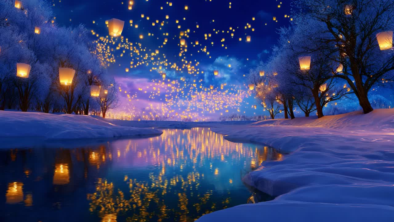 A breathtaking winter night scene illuminated by countless floating lanterns dancing in the sky above a serene river, surrounded by snow-covered trees reflecting the enchanting glow of light against the tranquil waters